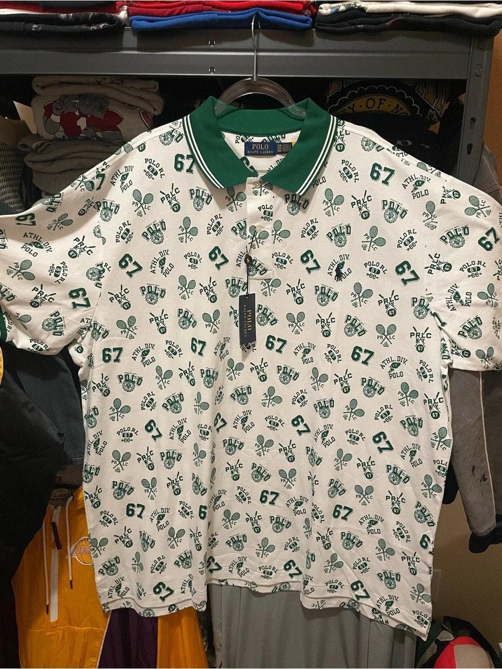 NWT Polo Ralph Lauren white polo shirt with green tennis-themed print 3XB